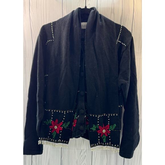 Vintage Lemon Grass Ugly Christmas Sweater Sz L Poinsettia w/ Scarf (READ) - Picture 2 of 9